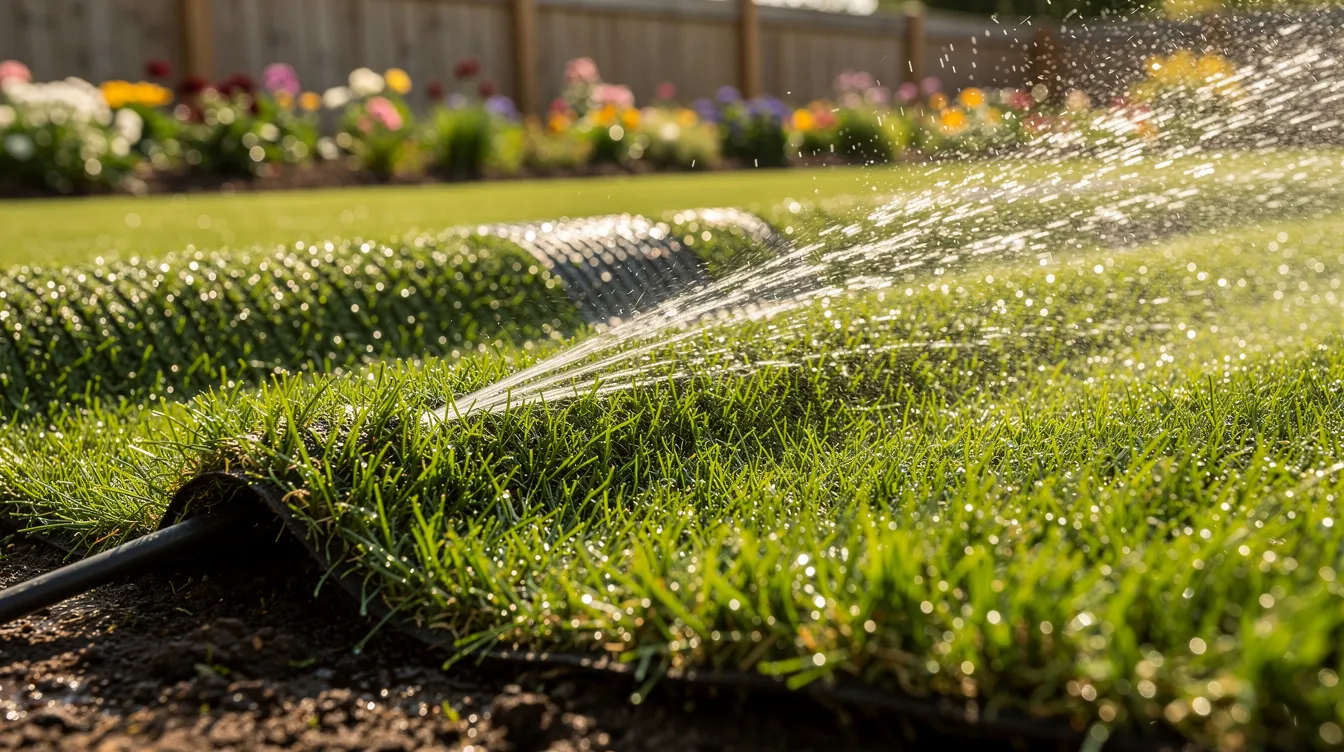 The image shows freshly laid turf being watered in a garden, ensuring the new grass receives essential nutrients for healthy root growth. This process is crucial for establishing the lawn and promoting consistent growth, especially during early spring or autumn.