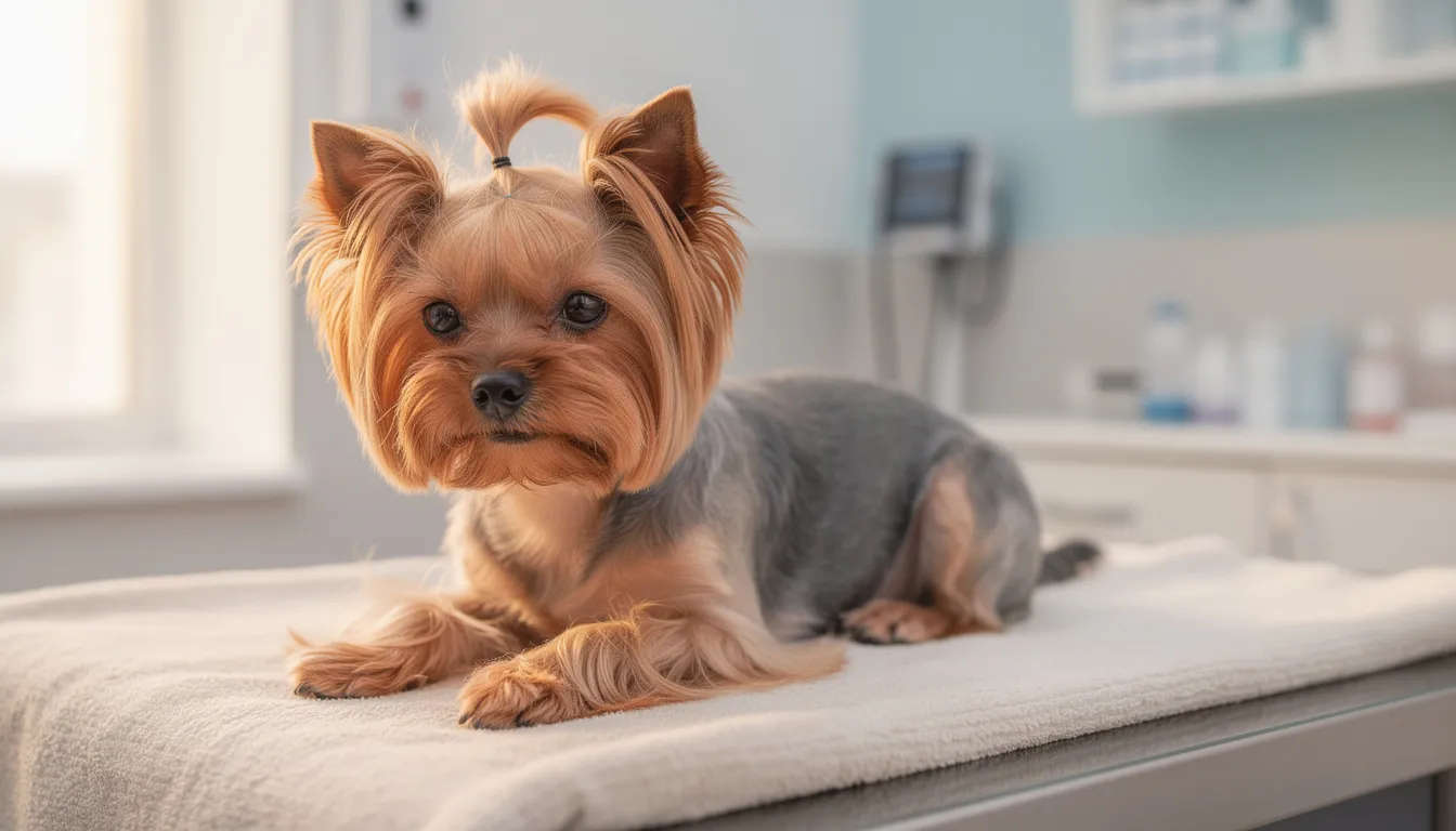 Na zdjęciu znajduje się mała suczka rasy yorkshire terrier, spokojnie leżąca na kocu w gabinecie weterynaryjnym. W tle widać sprzęt medyczny, co sugeruje, że suczka może być przygotowywana do zabiegu, takiego jak kastracja suczki, który jest jednym z najczęściej wykonywanych zabiegów weterynaryjnych.