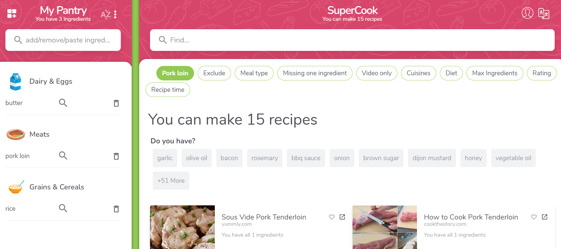 Supercook ai recipe generator doesn't assume you have pantry ingredients other than salt pepper and water