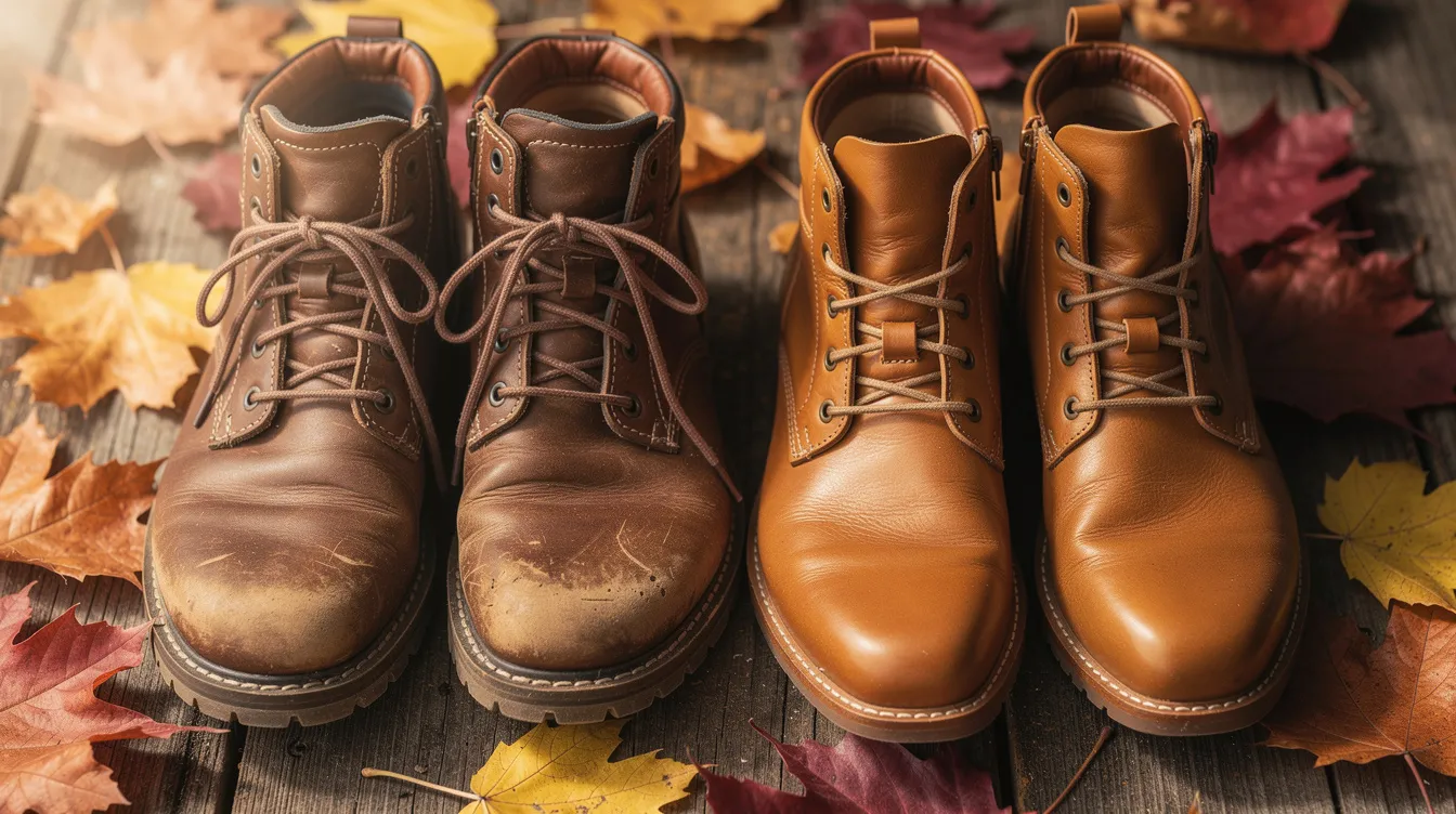 The image features two pairs of shoes on a rustic wooden surface, surrounded by scattered autumn leaves; one pair consists of sturdy hiking boots, while the other is a stylish set of casual leather ankle boots, perfect for a fall weekend trip or adventure. This arrangement evokes the spirit of outdoor exploration and the excitement of packing for an upcoming trip.