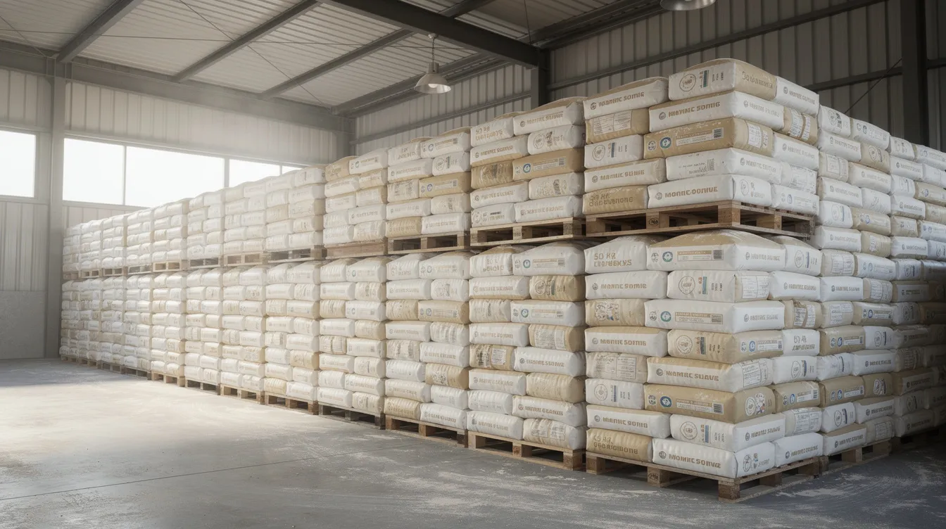 cdf27525 9e08 489b aa3f 5ee25d5125c5 The image shows stacked bags of wheat flour neatly arranged inside a warehouse, illuminated by natural light. This scene highlights the storage aspect of a wheat flour atta plant, emphasizing the importance of proper packaging and organization in the flour mill industry.