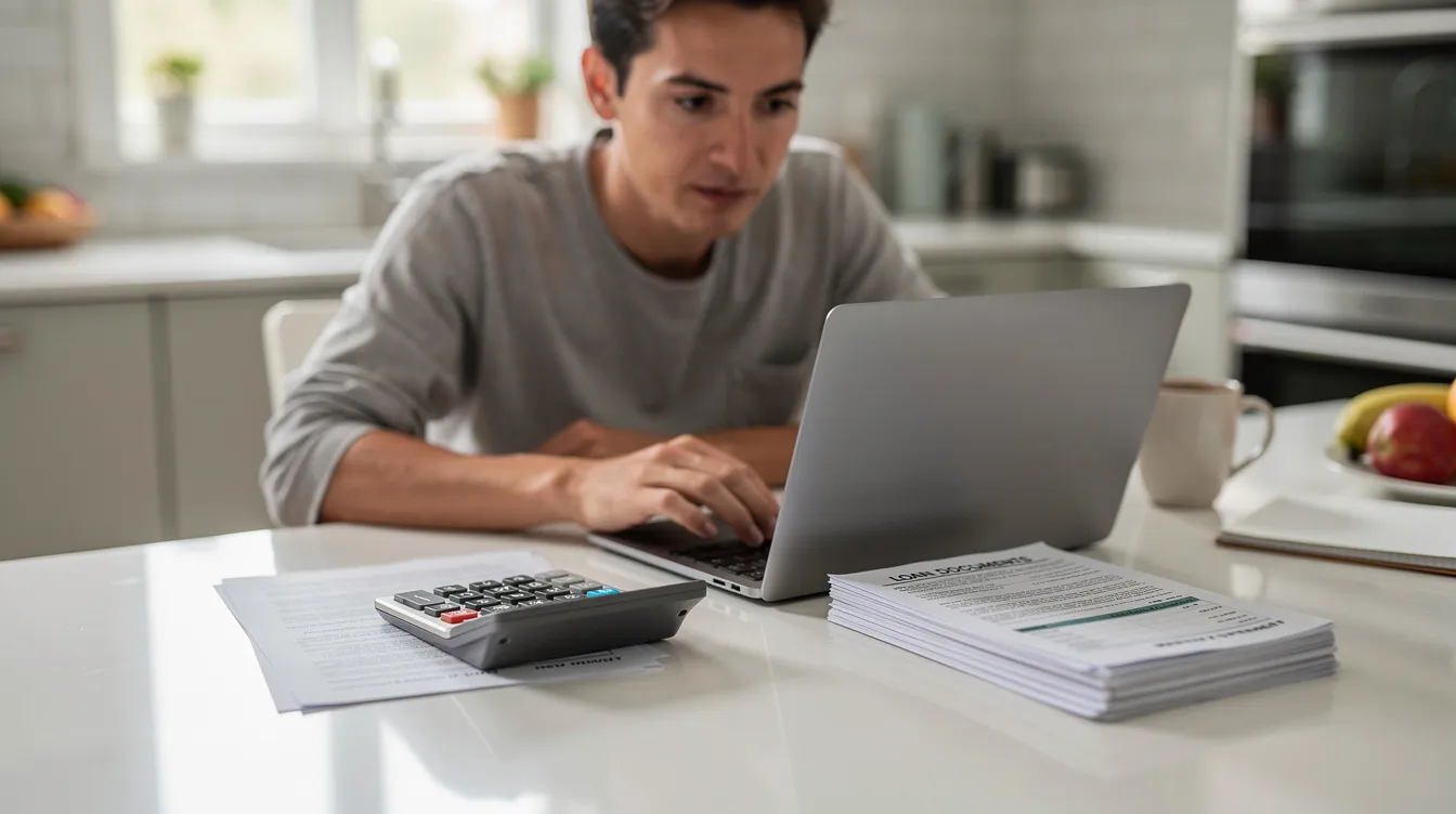 A person is seated at a kitchen table, reviewing loan documents alongside a laptop and calculator, likely assessing financing options for a landscaping project. The scene captures the essence of the loan process, as they consider factors like interest rates and monthly loan payments to fund their dream yard.