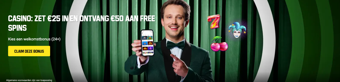 Promotiebanner van Unibet casino welkomstbonus, waarbij nieuwe spelers €25 storten en €50 aan free spins ontvangen, met een mobiele weergave van online slots en casinospellen in de Unibet app.