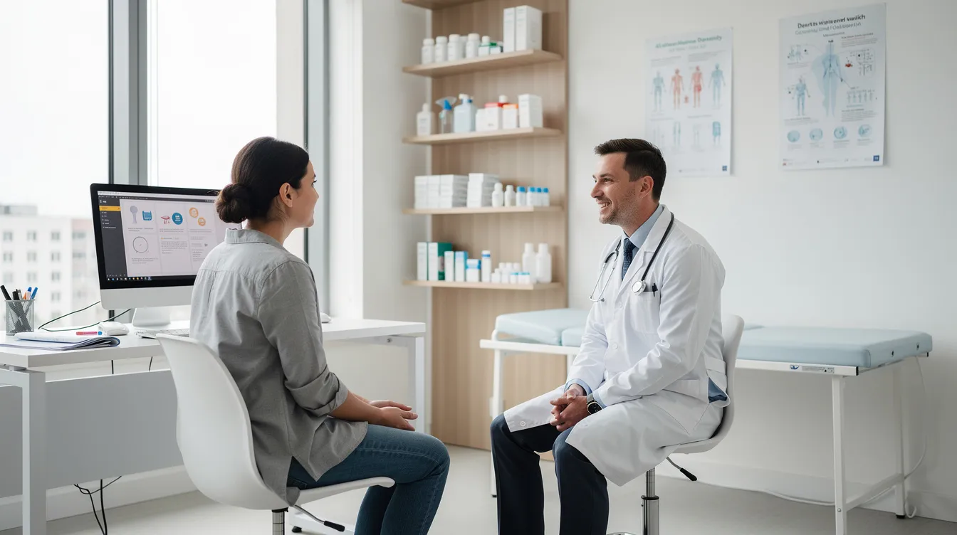 En la imagen se muestra una moderna sala de consulta médica, donde un cirujano plástico de Nueva York habla con un paciente en un ambiente luminoso y limpio, reflejando un enfoque profesional y cuidado en la atención médica. La escena destaca la importancia de la consulta en el ámbito de la cirugía plástica y los procedimientos estéticos.