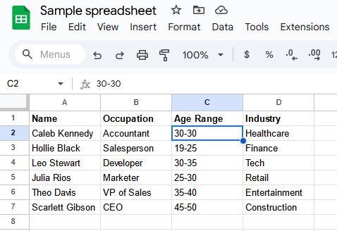 A screenshot of a spreadsheet in Google Sheets.