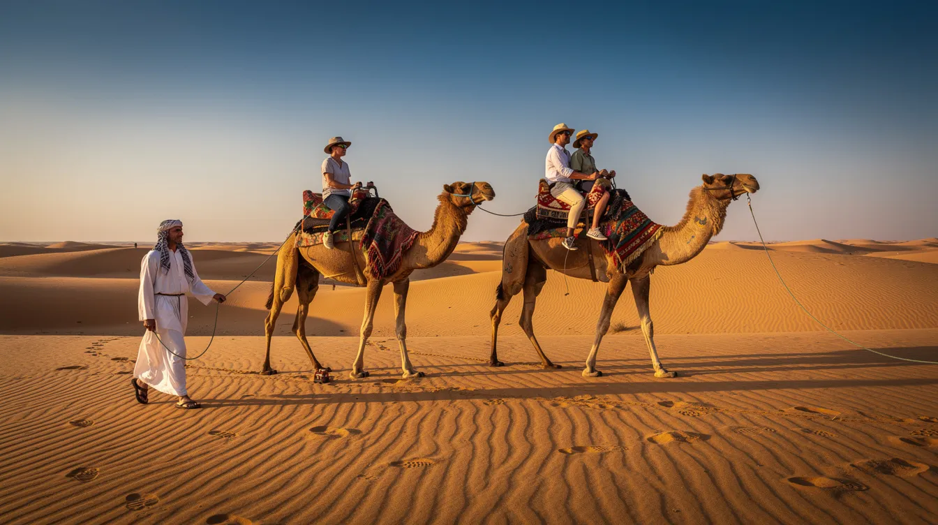 A imagem mostra uma emocionante excursão de camelo pelo deserto de Agafay, em Marrakech, com dunas de areia ao fundo e um céu azul. Os camelos, que são o meio de transporte tradicional, estão acompanhados por turistas que desfrutam da experiência única de glamping sob as estrelas.