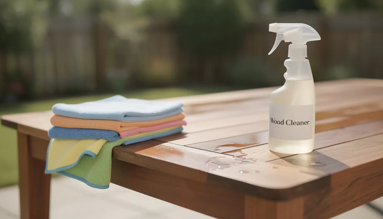 The image features a wooden furniture piece set outdoors, accompanied by cleaning supplies such as a spray bottle and microfiber cloths, ready for tackling mold and mildew stains. The scene suggests a focus on thorough stain removal and preventing future mold growth on the weathered wood surface.