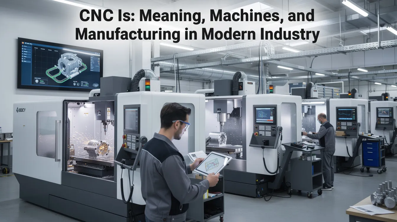 The image illustrates various CNC machines, including CNC mills and lathes, showcasing the advanced technology used in modern manufacturing processes. It emphasizes the significance of computer numerical control (CNC) systems in producing high-precision metal parts and complex geometries within the manufacturing industry.