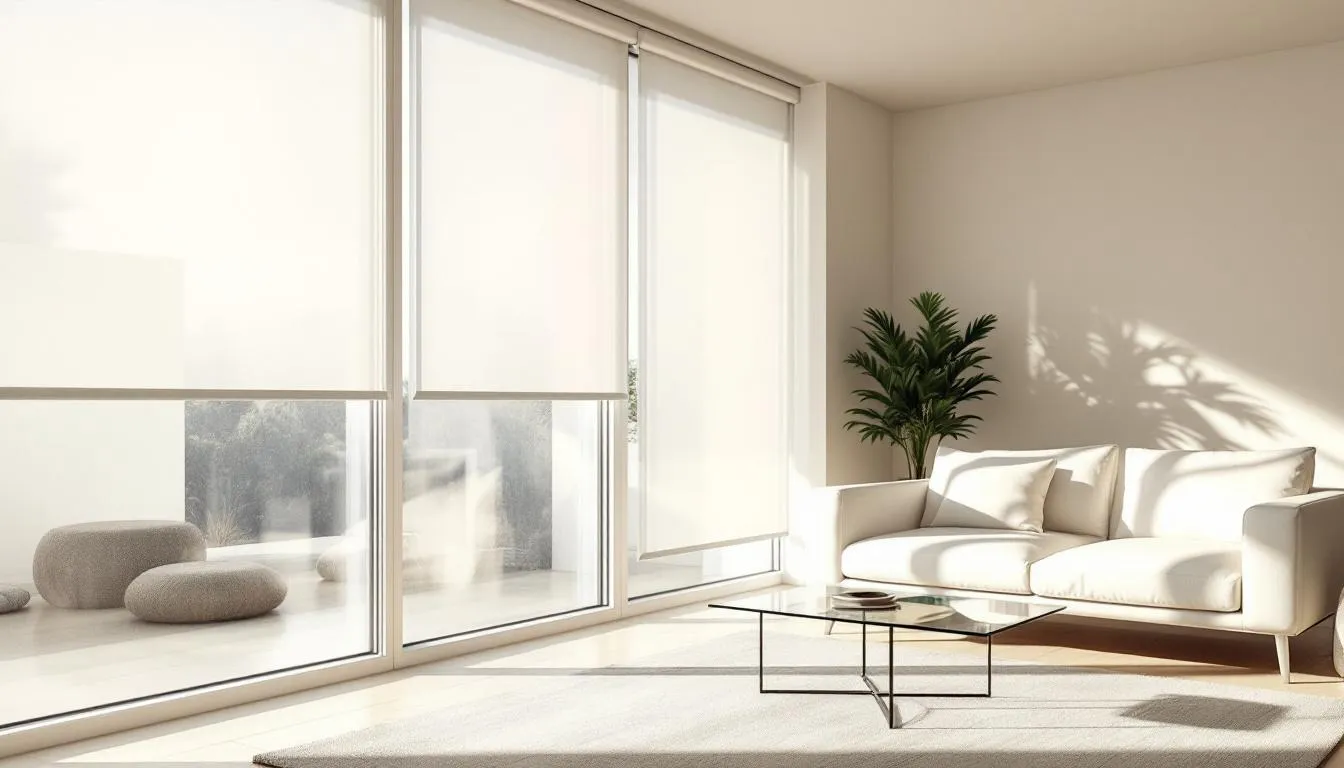 In this bright and modern living room, large windows are adorned with light filtering roller shades that gently diffuse sunlight while providing UV protection. The space showcases sleek furniture and a stylish decor, creating a warm and inviting atmosphere.