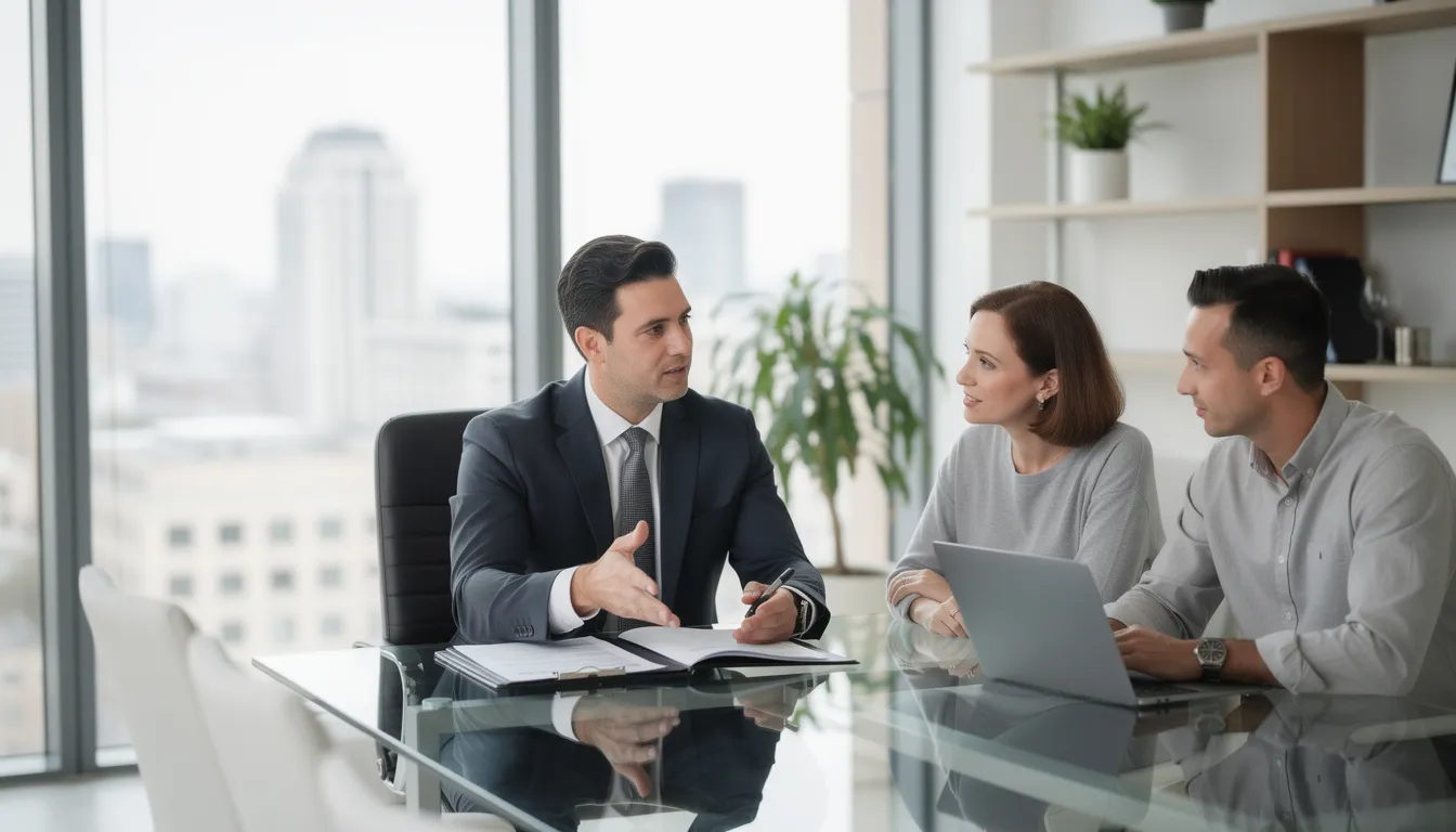 The image depicts a professional attorney engaged in a meeting with clients in a modern office setting, discussing the probate process and legal matters related to a deceased person's estate. The atmosphere is collaborative, with documents and legal texts related to California probate laws visible on the table, emphasizing the attorney's role in guiding clients through probate proceedings.