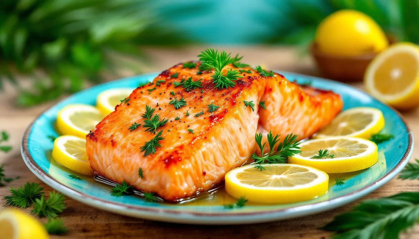 A beautifully plated baked salmon, garnished with herbs and lemon slices.