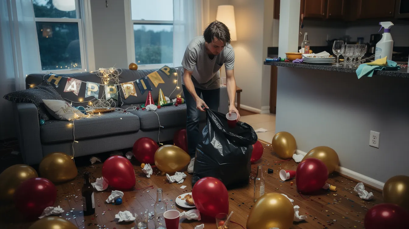 The image depicts a professional cleaning team efficiently handling post-party clean-up in a spacious house, showcasing their extensive experience in tidying hard floors, mopping, and dusting various surfaces. The scene illustrates a before-and-after contrast, emphasizing their amazing job in restoring the property to high standards after hosting a fun event.