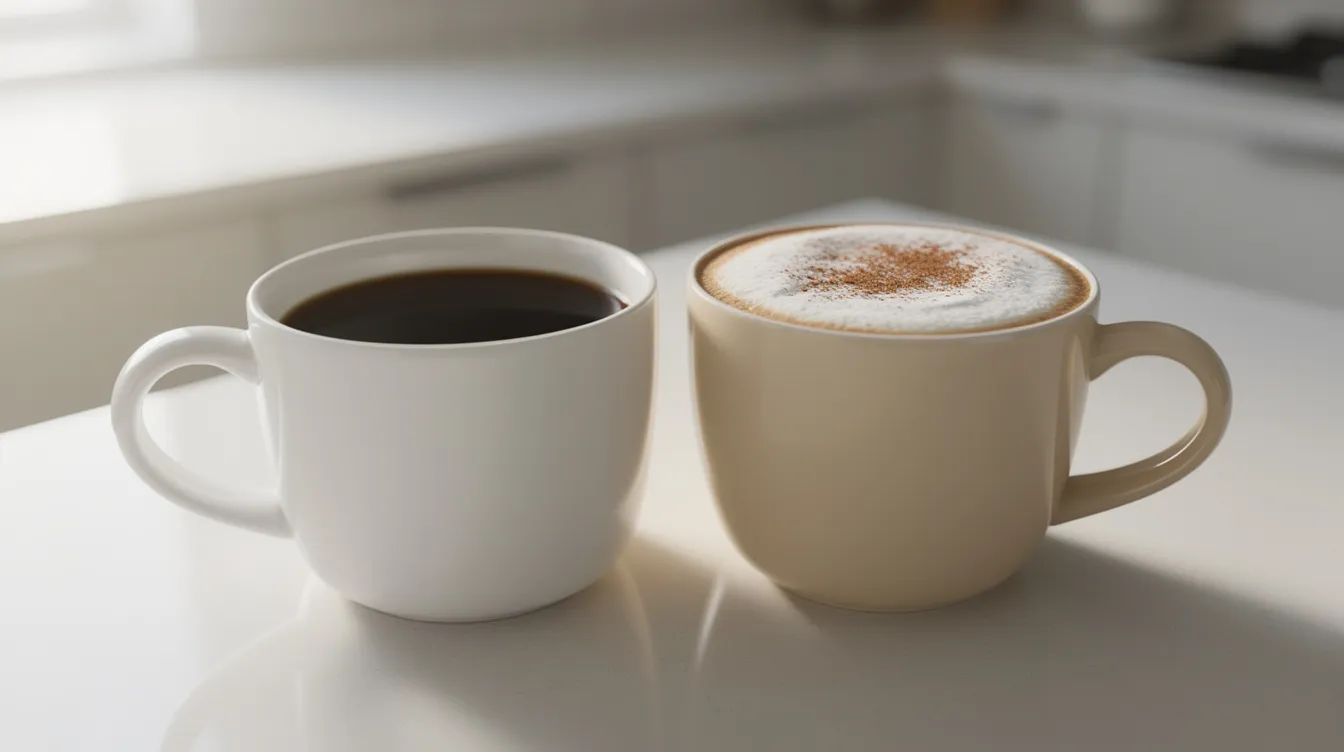 The image features two ceramic mugs placed side by side on a kitchen counter; one holds a dark black coffee, representing traditional coffee, while the other contains a lighter brown spiced beverage with froth on top, reminiscent of a mushroom coffee blend or masala chai. This cozy morning scene highlights the contrast between regular coffee and a coffee alternative that may offer health benefits and a smooth texture.