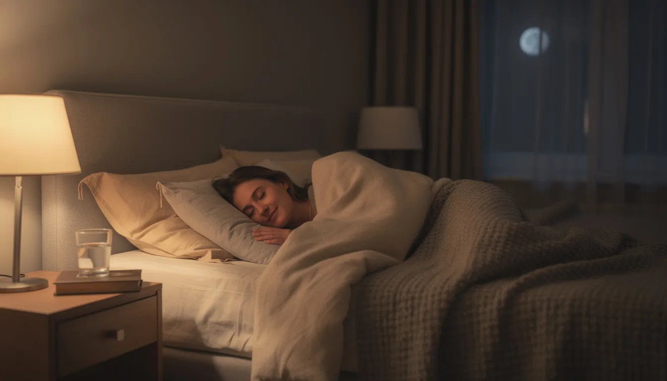 A person is sleeping peacefully in a comfortable bedroom, surrounded by soft bedding and a serene atmosphere, which contributes to improved sleep quality essential for muscle recovery and growth. The restful environment supports the body's natural growth processes, promoting tissue repair and muscle development during sleep.