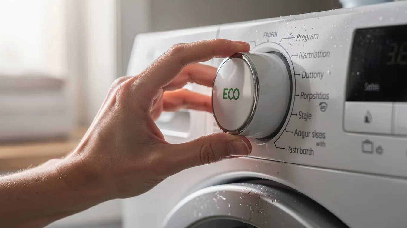 A close-up of a hand selecting the eco programme on a modern washing machine dial panel, highlighting the focus on energy efficiency and saving energy. This image emphasizes the importance of choosing energy efficient washing machines to reduce energy bills and lower running costs for households.