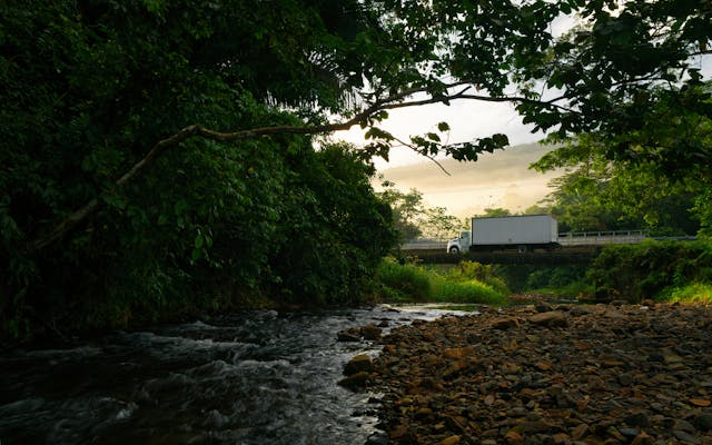 A truck driving on a bridge through a lush forest; Fleet and inventory tracking are some of the benefits of using a fleet management platform