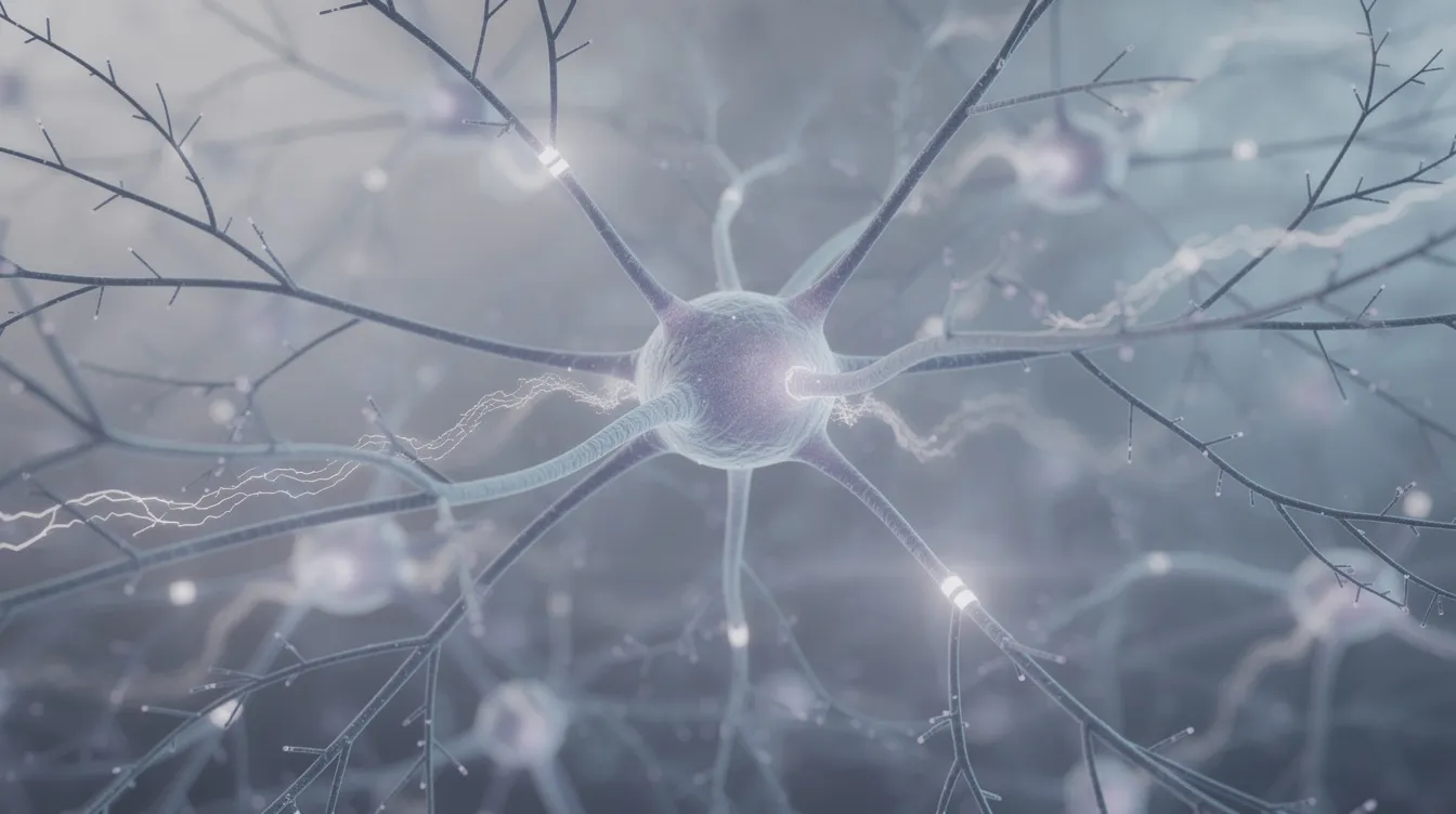 A close-up image of neurons showcases intricate branching dendrites in soft blue and purple hues, symbolizing brain signaling pathways related to sleep disorders such as narcolepsy. This visual representation highlights the underlying orexin signaling mechanism, which is crucial for understanding excessive daytime sleepiness and developing effective orexin therapies.