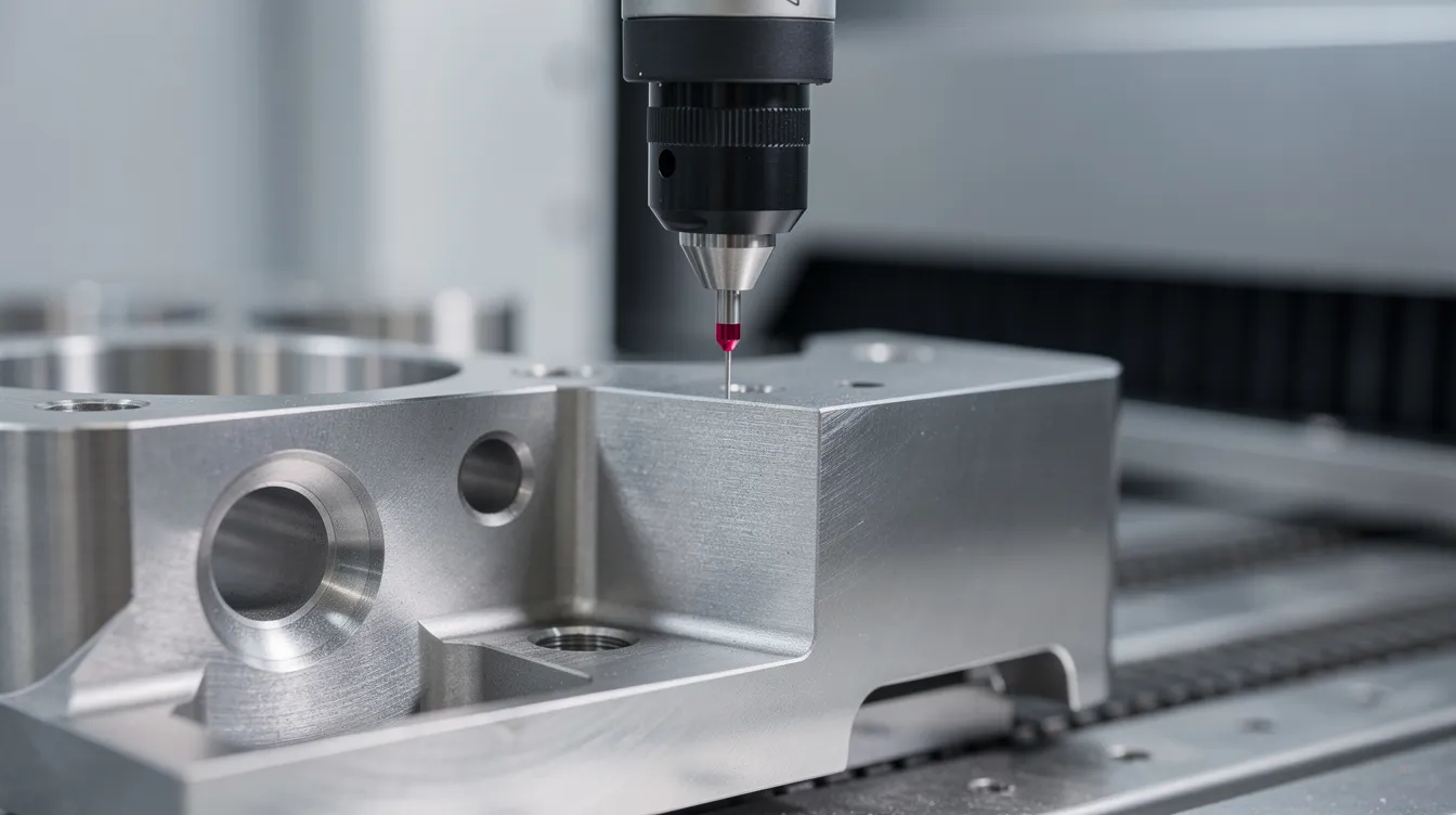 A coordinate measuring machine (CMM) probe is delicately measuring the geometric features of a precision-machined stainless steel component, showcasing the advanced CNC machining technology used in manufacturing processes for the aerospace and medical sectors. This inspection method ensures exceptional accuracy and adherence to tight tolerances, critical for maintaining high product quality.
