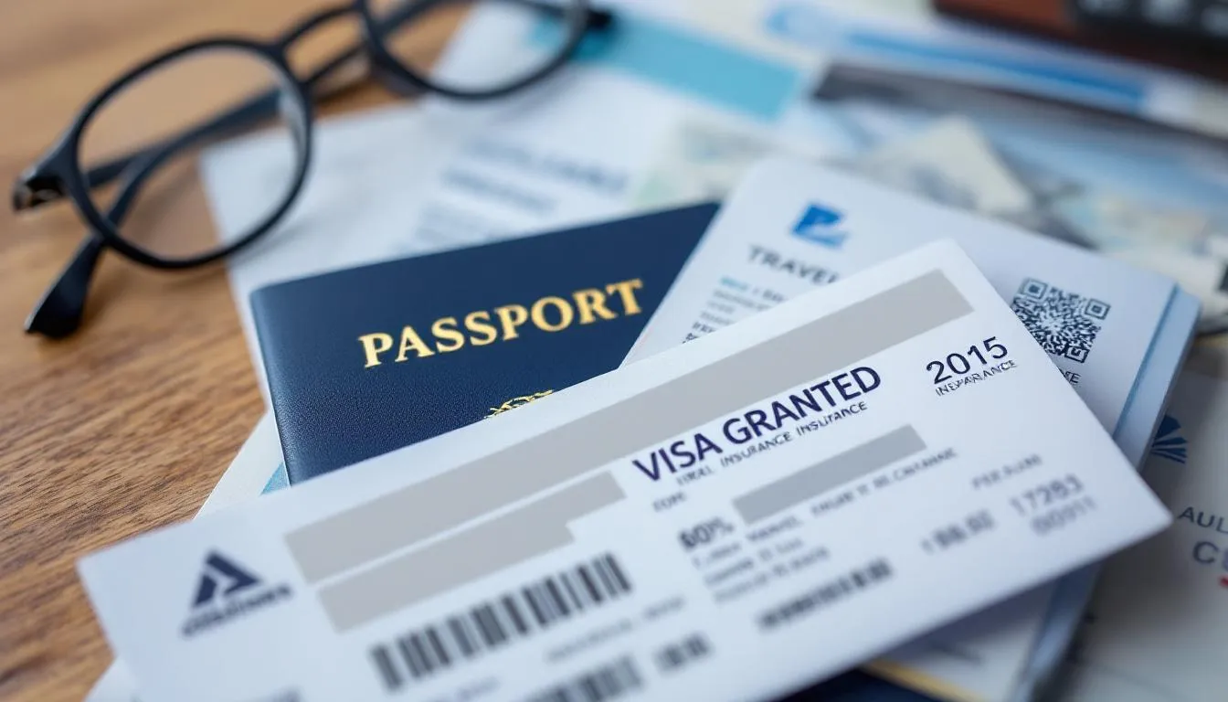 A partially folded airline boarding pass rests on top of a passport, prominently displaying a “VISA GRANTED” stamp, while personal details are blurred for privacy. The desk background includes travel insurance papers and a pair of reading glasses, suggesting preparation for upcoming travel plans.