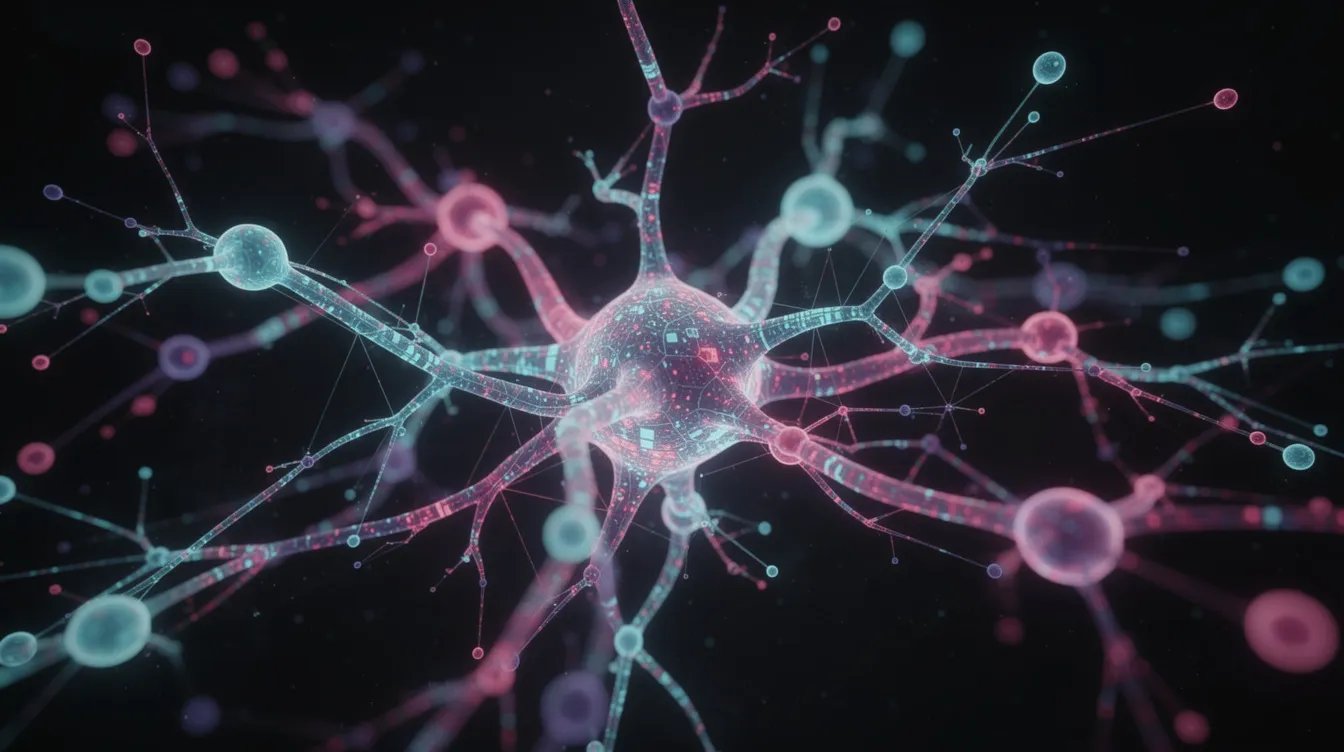 The image features an abstract visualization of a colorful neural network, with glowing nodes and connections set against a dark background, representing the intricate workings of generative AI models and their training data. This artistic representation evokes the complexity of machine learning, including concepts like model weights and the relationships within large language models.