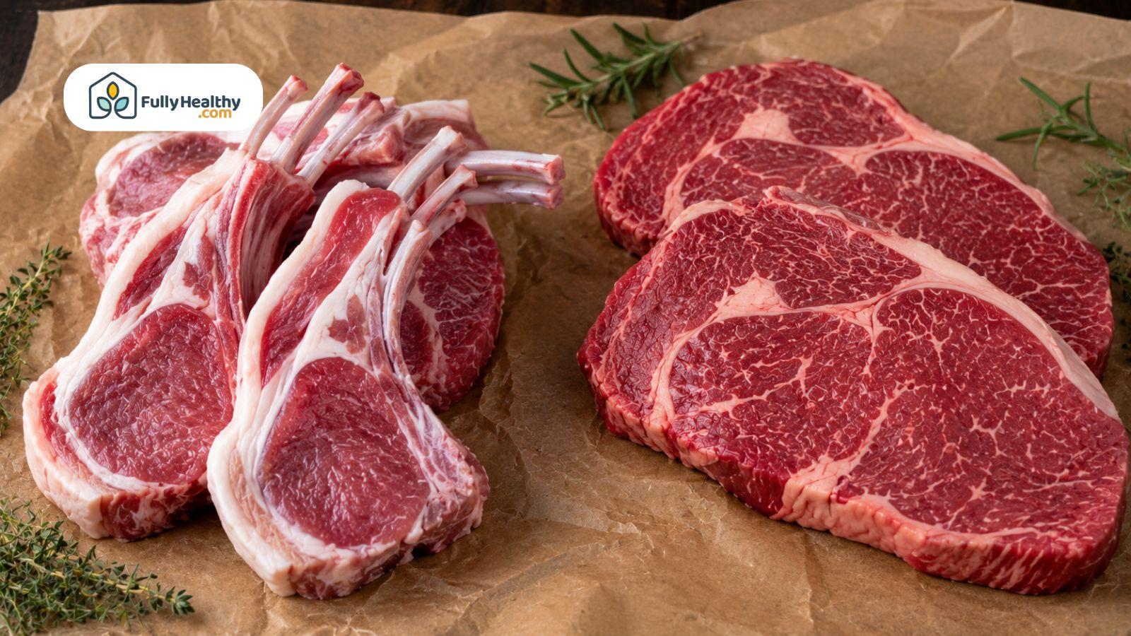 Raw lamb chops and beef steaks arranged side by side on butcher paper.