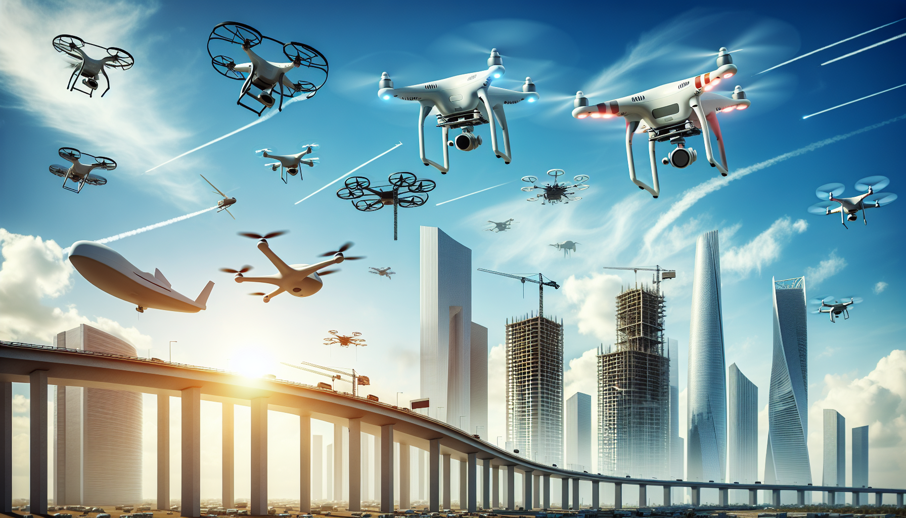 Various types of drones used in construction - multirotor, fixed-wing, and hybrid drones