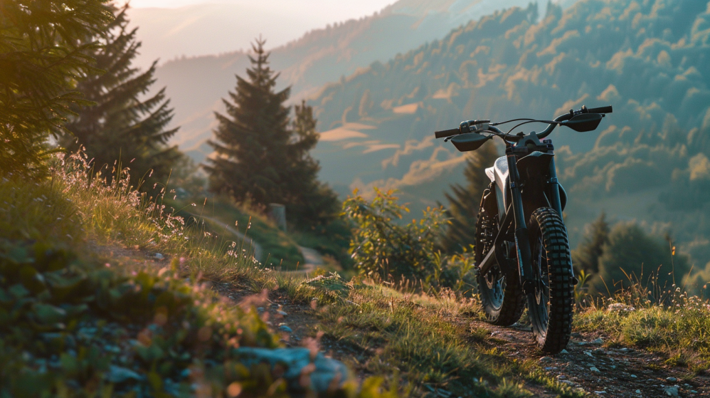 Sur Ron Light Bee X stationnée sur un sentier de montagne ensoleillé, entourée de paysages verdoyants et de sapins. Idéale pour une expérience off road, cette moto électrique Surron incarne la liberté.