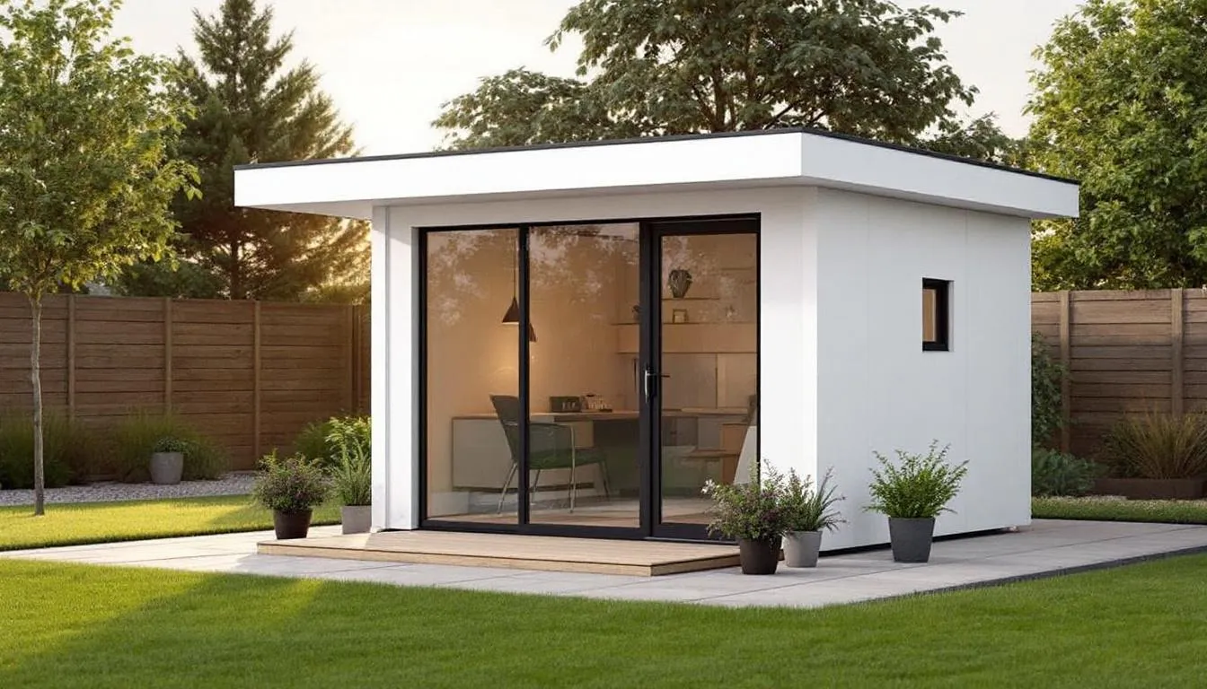 The image depicts an insulated garden office, showcasing a stylish and versatile garden building designed for year-round comfort. It features double glazed windows and durable walls, providing a comfortable temperature for various uses such as a home office or studio, even in extreme weather conditions.