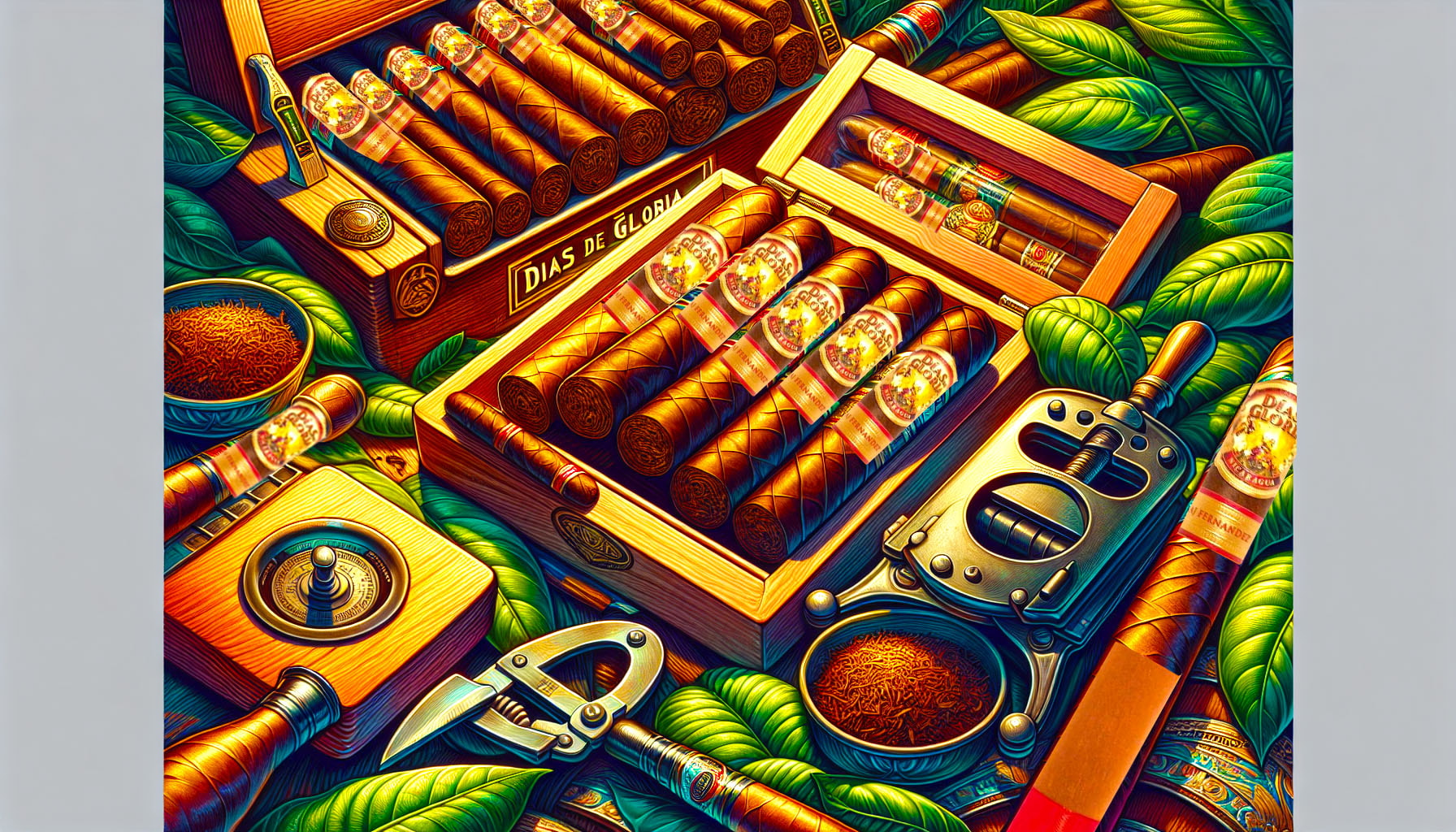 An artistic representation of Dias de Gloria cigars and elements of Cuban cigar making.