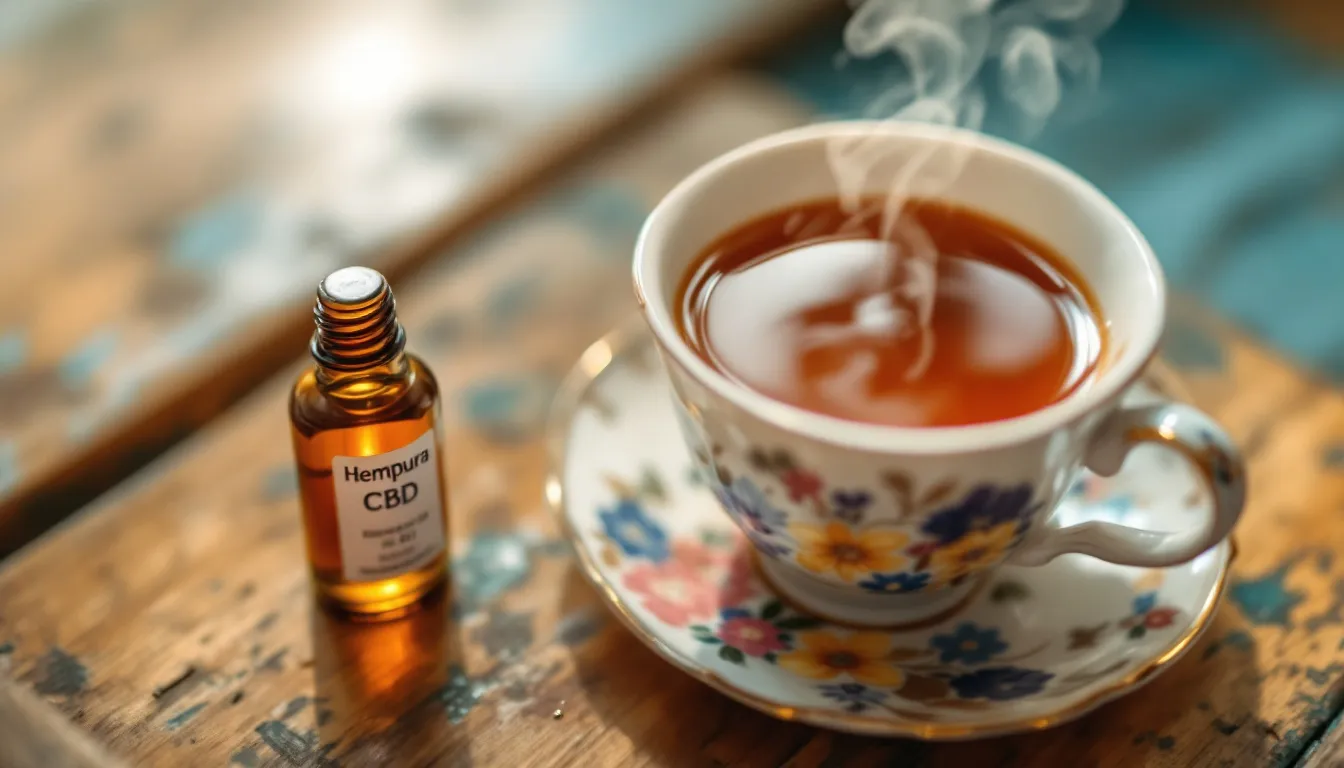 Een kopje thee met CBD olie staat op een houten tafel, omringd door gedroogde bladeren en een theezakje. De thee heeft een warme kleur en belooft ontspanning met de voordelen van CBD, ideaal voor een rustgevende avond.