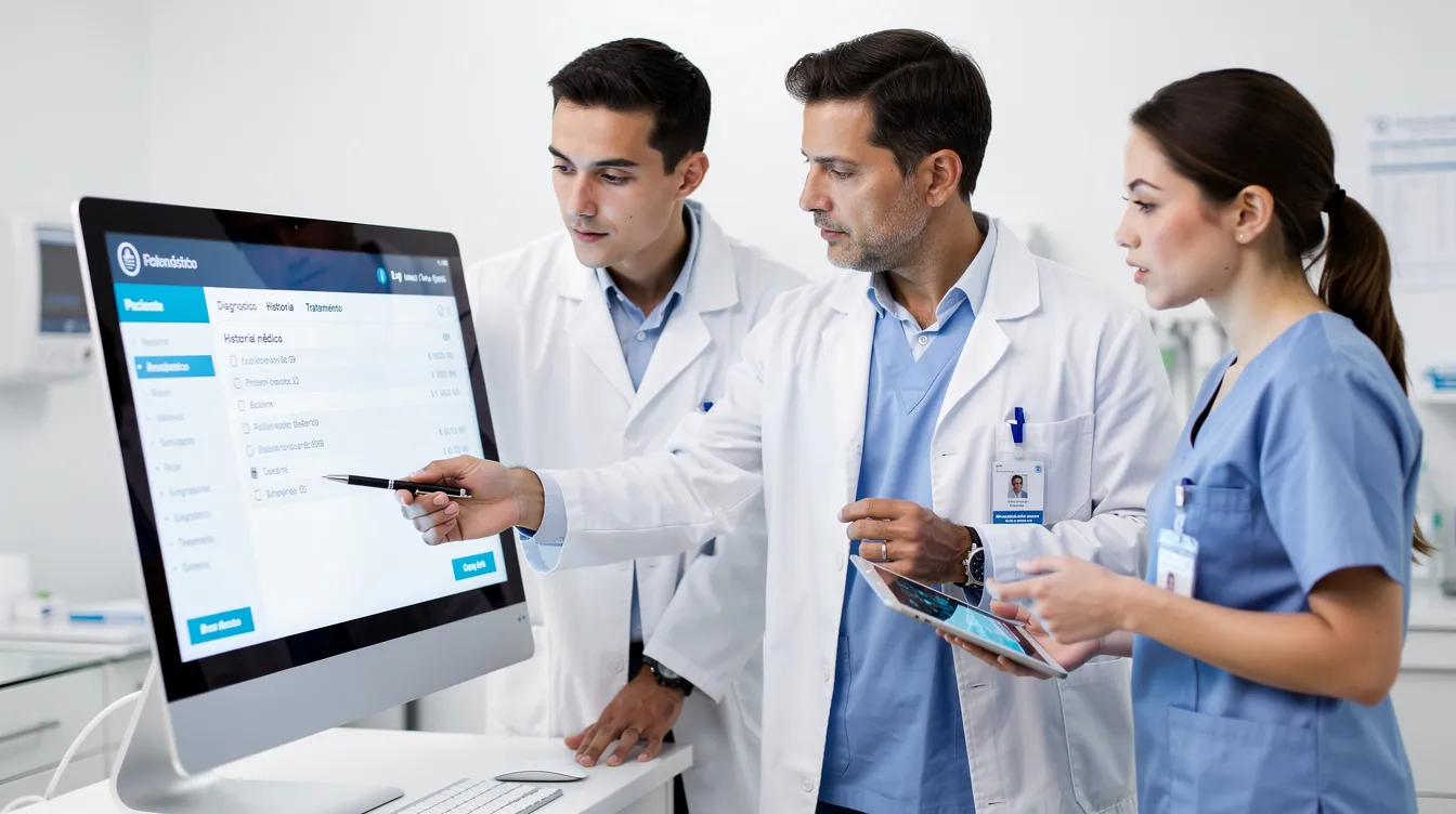 Un equipo de trabajo en una clínica está revisando información de pacientes en una pantalla, utilizando un sistema de historia clínica electrónica para acceder a datos importantes sobre diagnósticos y tratamientos. Los profesionales de salud colaboran para garantizar una atención adecuada y segura a los pacientes.