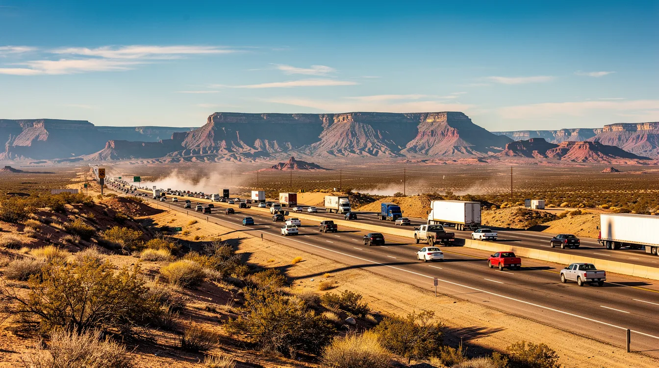 The image depicts a busy highway in New Mexico, surrounded by a vast desert landscape with mountains in the background, illustrating the state's unique geography. This scene reflects the potential for car accidents in such areas, emphasizing the importance of understanding New Mexico's car accident laws and the implications for personal injury claims.