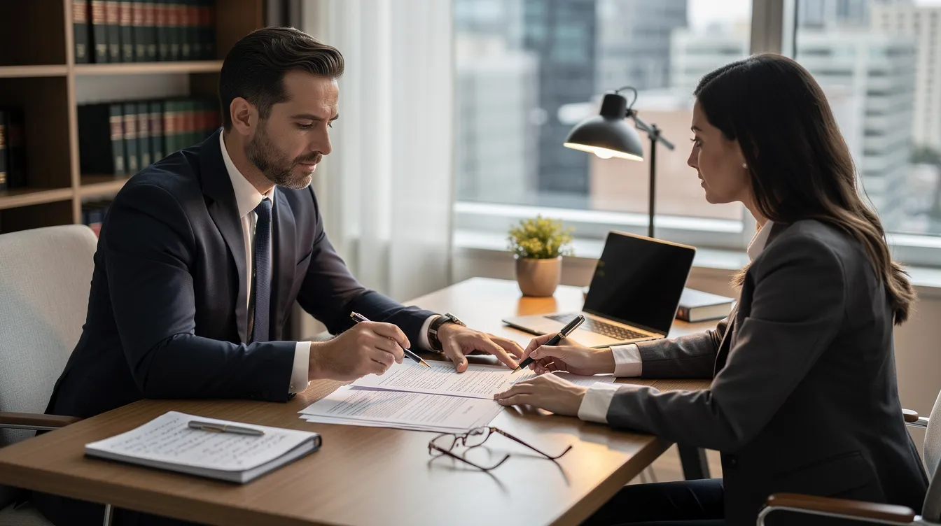 An attorney is seated at a desk, reviewing documents with a client who appears concerned about their workers compensation claim. The atmosphere suggests a serious discussion about the client's on-the-job injury, lost wages, and the role of a nurse case manager in coordinating their medical care and benefits.