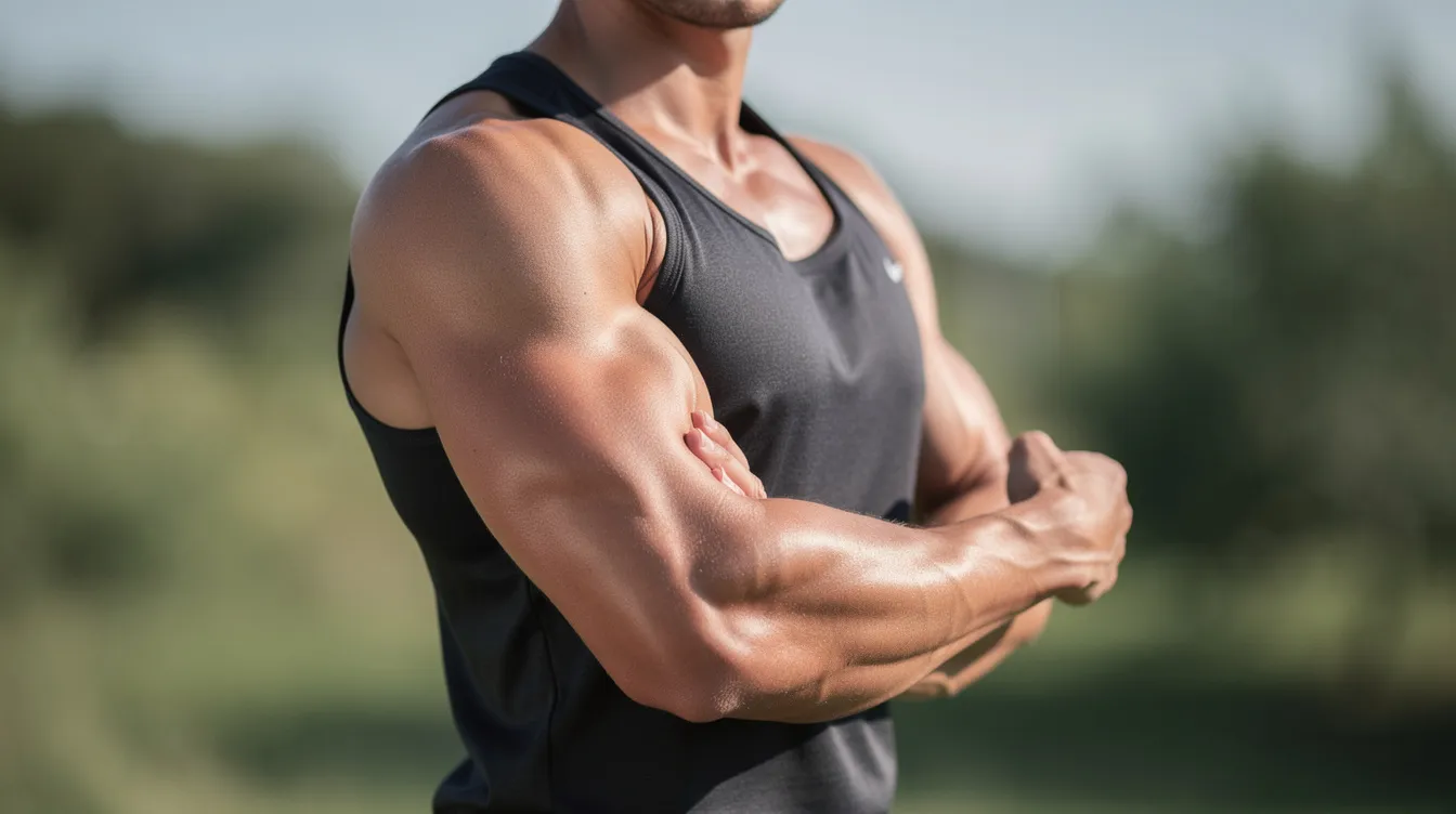 The image features a person showcasing their toned upper arms in natural light, highlighting the results of effective fat removal techniques like laser liposuction. The arms appear sculpted, illustrating a commitment to a healthy lifestyle and regular exercise.