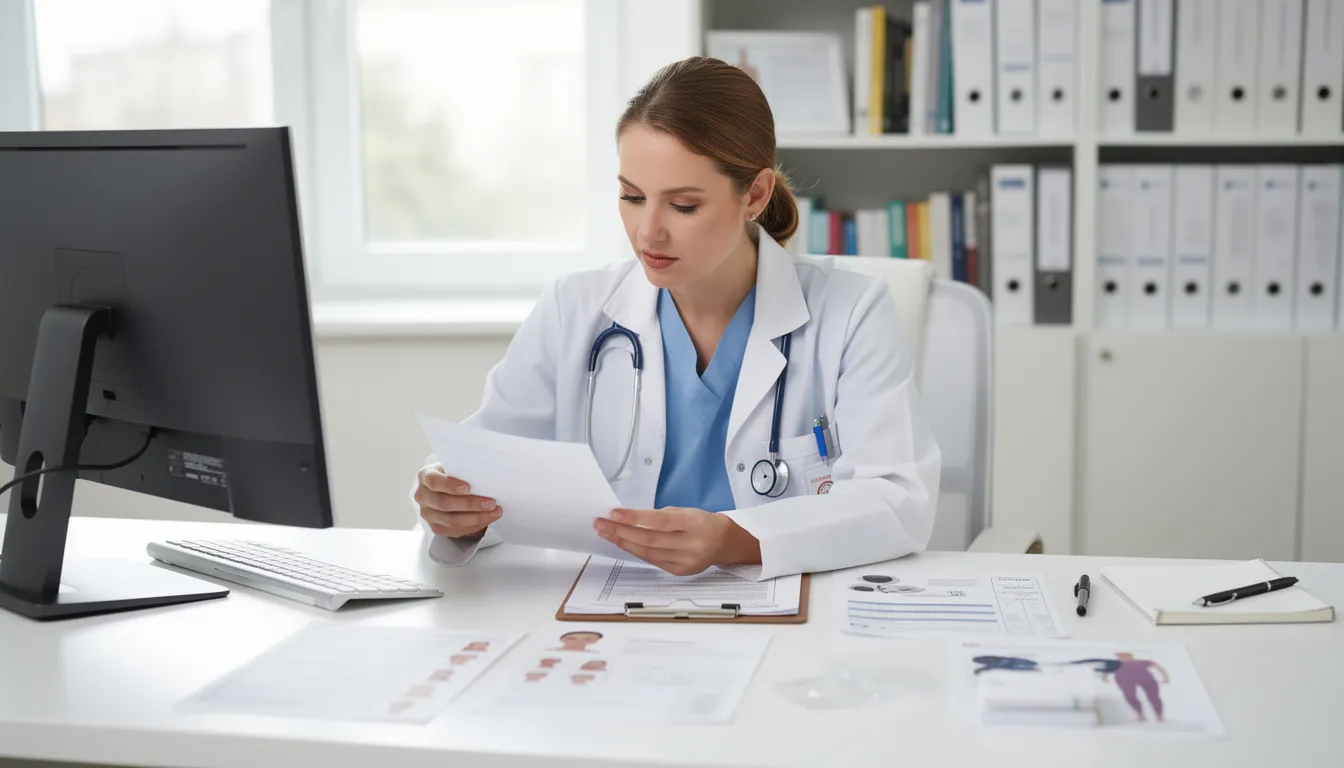A medical professional is seated at a desk, intently reviewing documents related to workers compensation claims. The setting suggests a focus on ensuring that injured workers receive the necessary benefits and medical care under the workers compensation system.