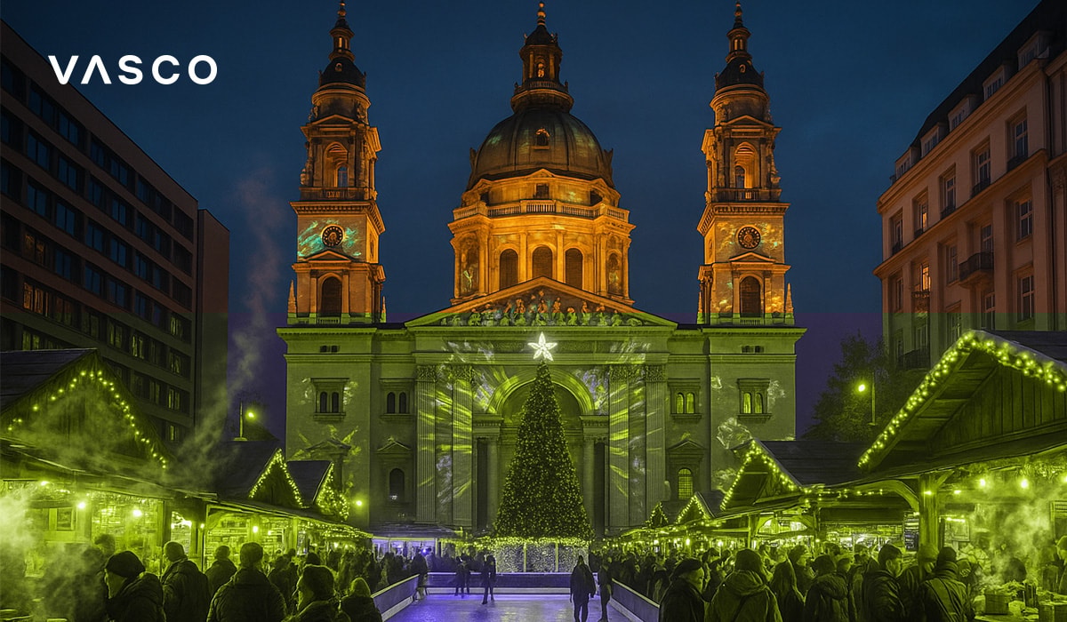 Marché de Noël de Budapest devant la basilique Saint-Étienne avec un sapin lumineux