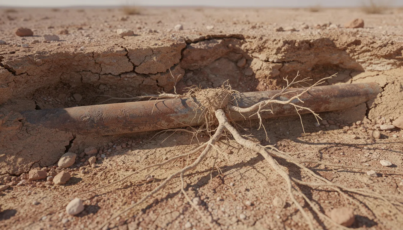 The image shows an underground cast iron pipe partially exposed in arid desert soil, with roots growing nearby, indicating potential plumbing issues. This scene highlights the importance of inspecting sewer pipes to prevent further damage and maintain proper drainage.
