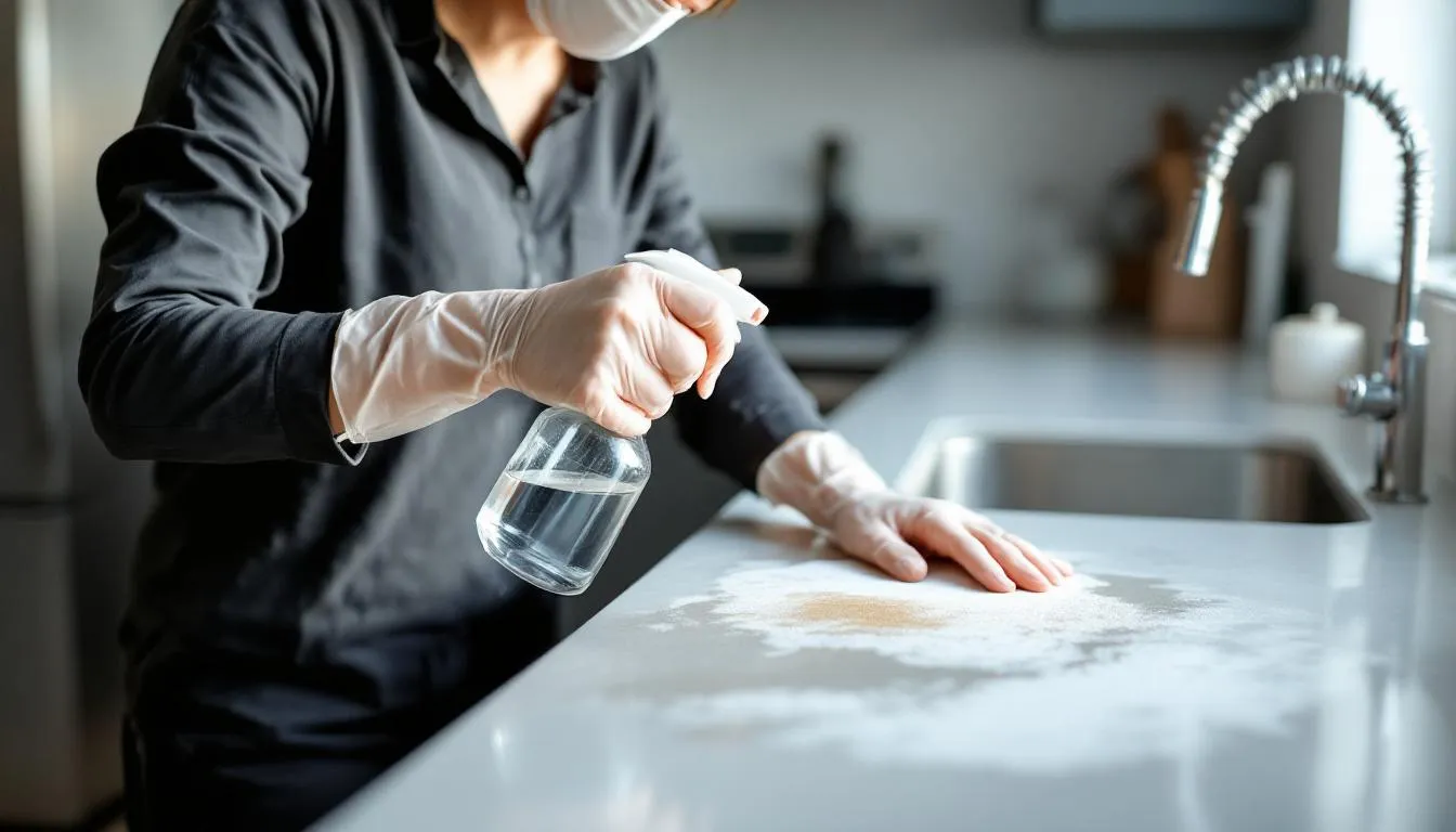 A dog owner is seen cleaning a contaminated surface with a disinfectant, taking precautions to prevent the spread of canine parvovirus, a highly contagious disease that can severely affect unvaccinated puppies and dogs with weakened immune systems. The owner is ensuring a safe environment to protect other dogs from potential infection.