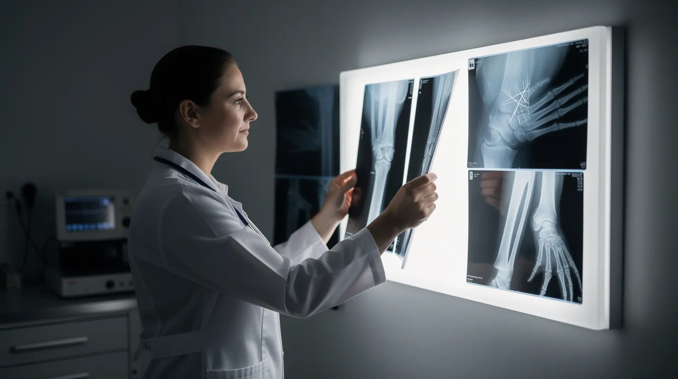 A medical professional is examining X-ray films on a lightbox, revealing multiple bone fractures that may result from serious injuries in a car accident. The focus on the X-rays highlights the importance of medical attention for accident victims to prevent long-term complications and ensure proper recovery.