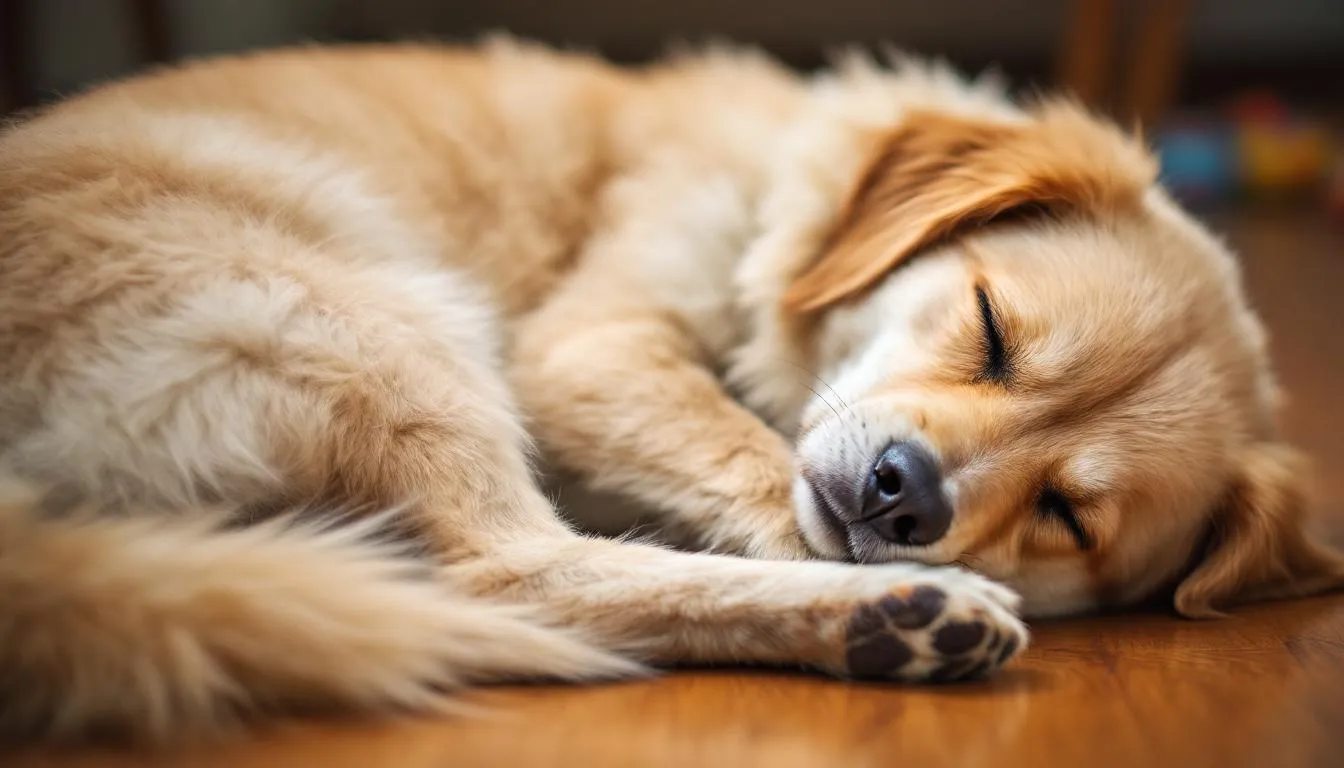 A dog is lying peacefully on its side in deep sleep, with its closed eyelids occasionally fluttering as it twitches, suggesting it may be dreaming. This normal sleep behavior, often seen in furry friends, indicates the dog is in the REM sleep phase, enjoying a restful night.