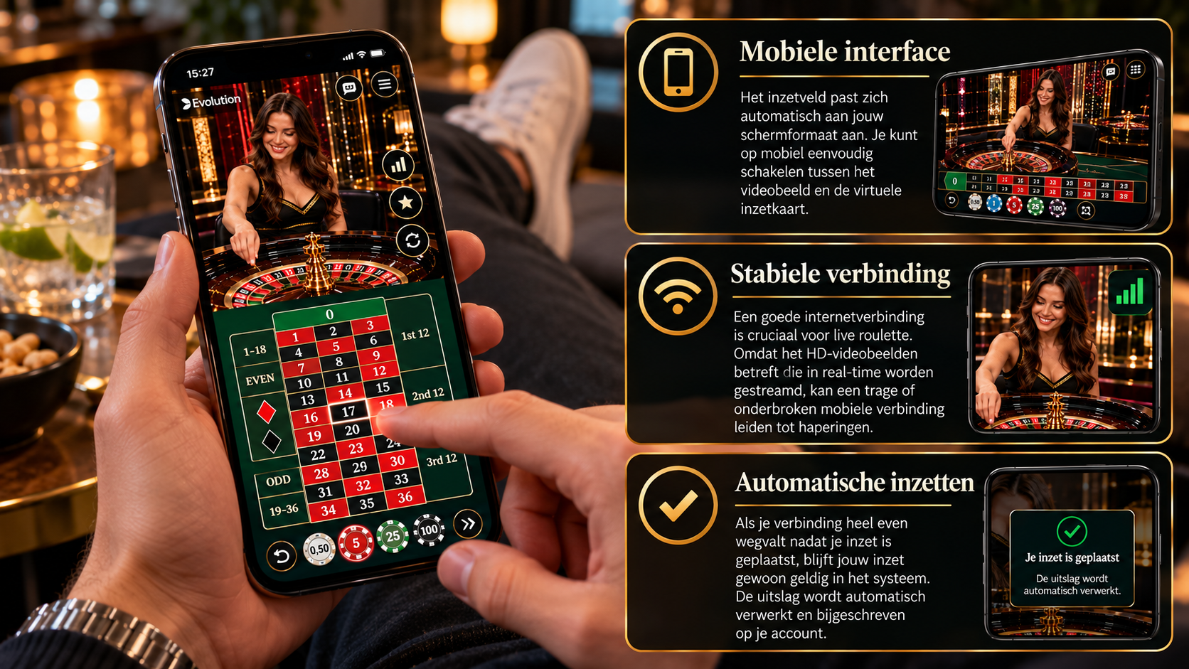 1. Live roulette op mobiel met croupier, digitaal inzetveld en uitleg over verbinding en automatische verwerking.