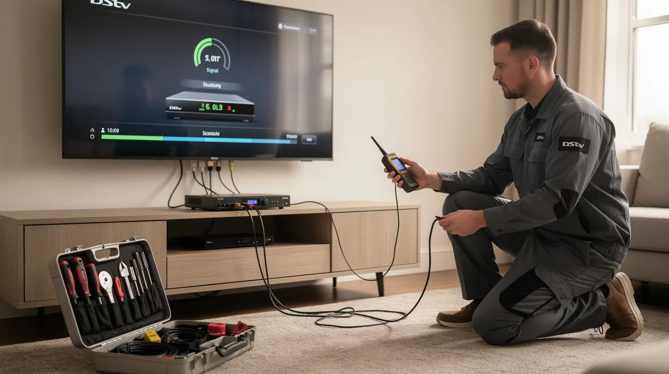 The image depicts a professional technician performing a DStv decoder testing service, surrounded by satellite equipment including a satellite dish and cabling. The technician, equipped with tools, is ensuring perfect signal alignment for optimal viewing, highlighting the importance of using accredited installers for reliable DStv installations.