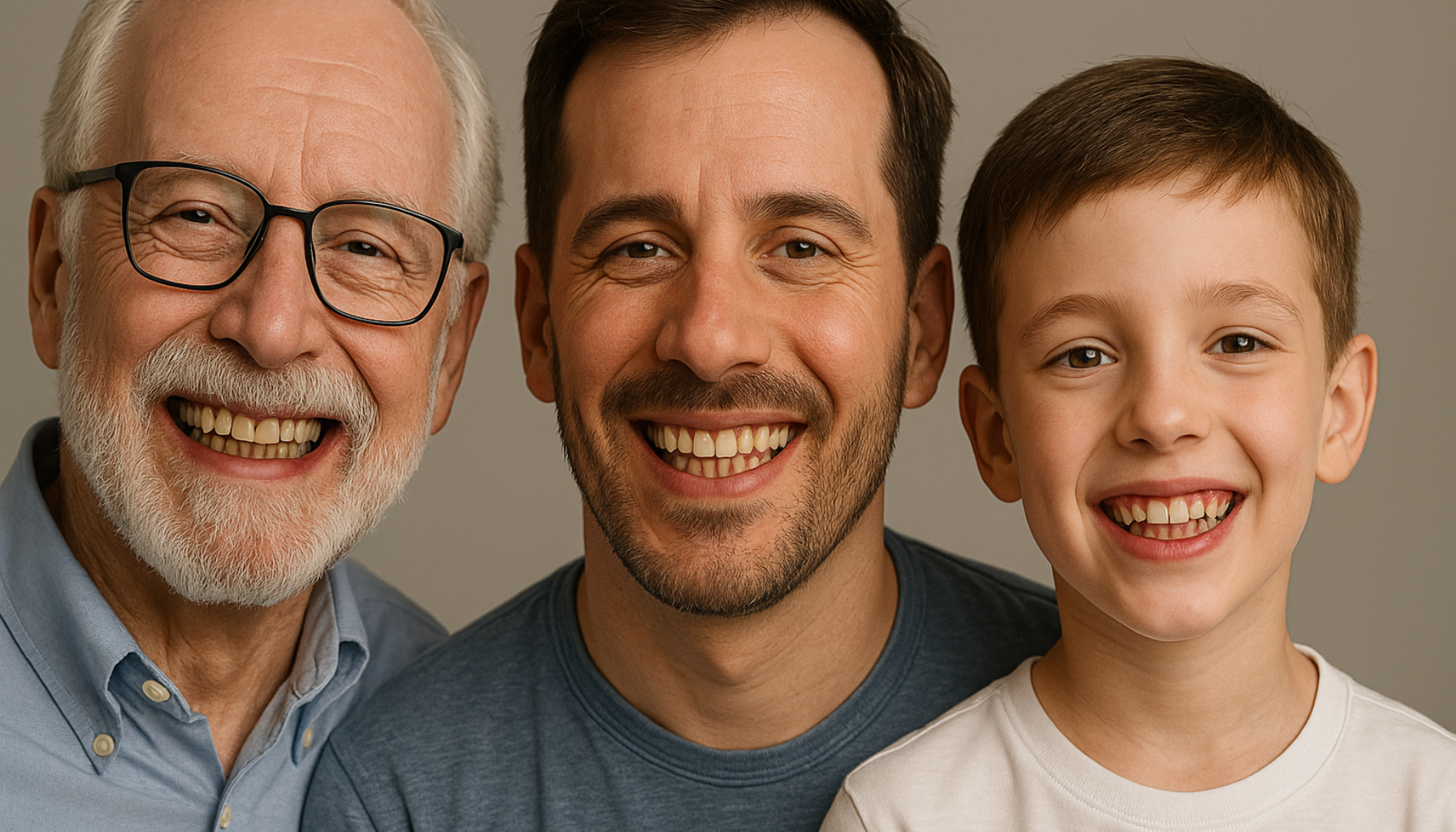 Tre generasjoner familie smiler, viser tenner og tannkjøtt, illustrerer arvelig pyrea med betennelse og tannkjøttsykdom.