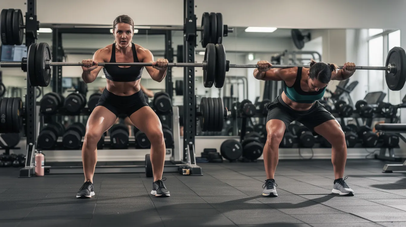 Twee sporters trainen naast elkaar in een sportschool; de een doet deadlifts om zijn lower body te versterken, terwijl de ander rows uitvoert voor zijn upper body. Beide oefeningen maken deel uit van een full body workout schema dat gericht is op het trainen van verschillende spiergroepen.