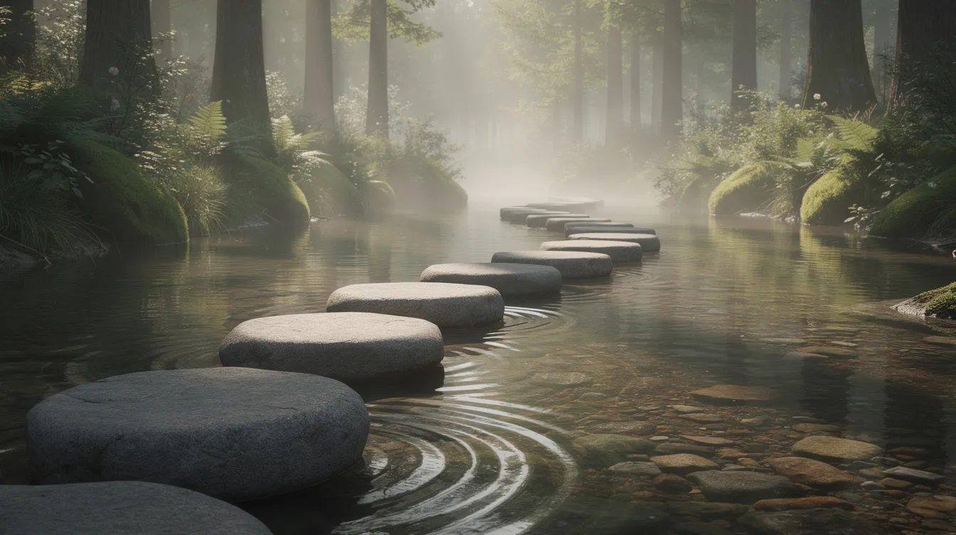 L'image montre des pierres de gué traversant un ruisseau calme, symbolisant les étapes progressives nécessaires à la gestion du changement au sein d'une entreprise. Ces pierres représentent les initiatives et les stratégies essentielles pour réussir la transformation et l'évolution d'une organisation.