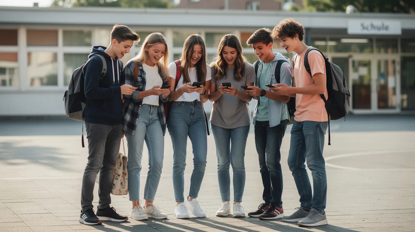 Eine Gruppe von Jugendlichen steht auf einem Schulhof, schaut auf ihre Smartphones und lacht gemeinsam, während sie sich über lustige Inhalte austauschen. Diese Situation verdeutlicht die Bedeutung von Jugendsprache und modernen Medien, die in der heutigen Jugendkultur eine zentrale Rolle spielen.