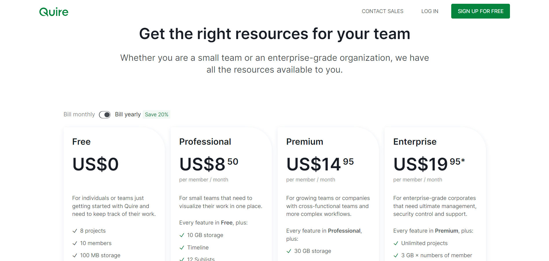 Quire pricing page
