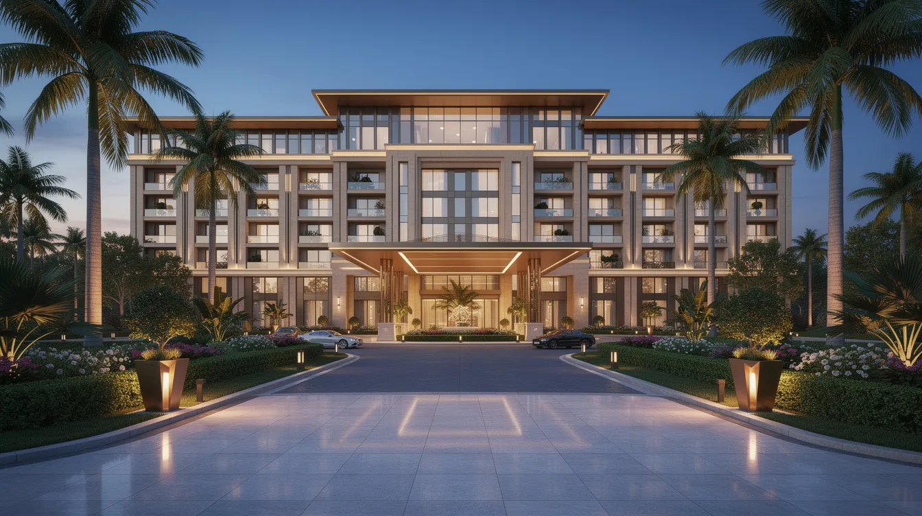 ce175874 931e 499a 8b9b 7c4d8c6a3fd9 The image depicts a large, modern luxury hotel building featuring a beautifully landscaped entrance illuminated by soft evening lighting. This elegant structure exemplifies the potential of the hospitality industry in India, reflecting significant growth and investment opportunities in the hotel market.