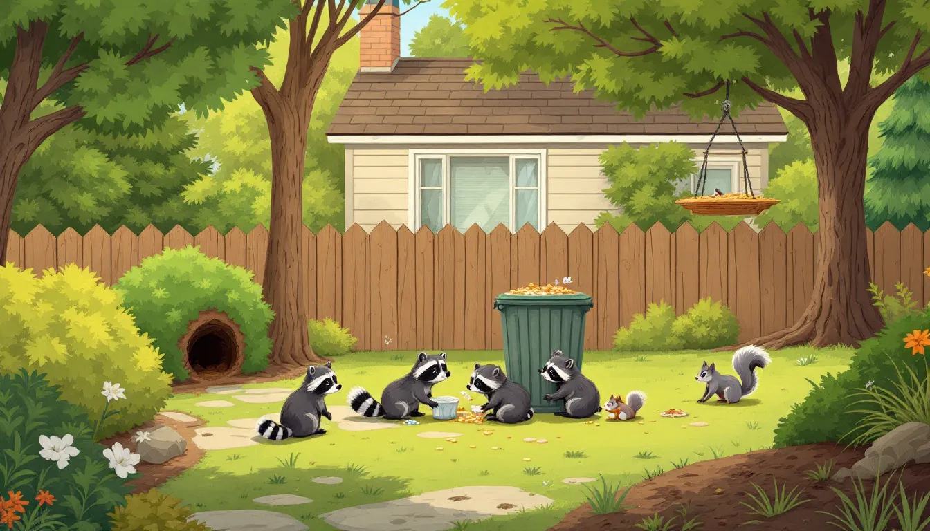 An illustration showing signs of unusual wildlife activity around a home, helping to recognize wildlife behavior.