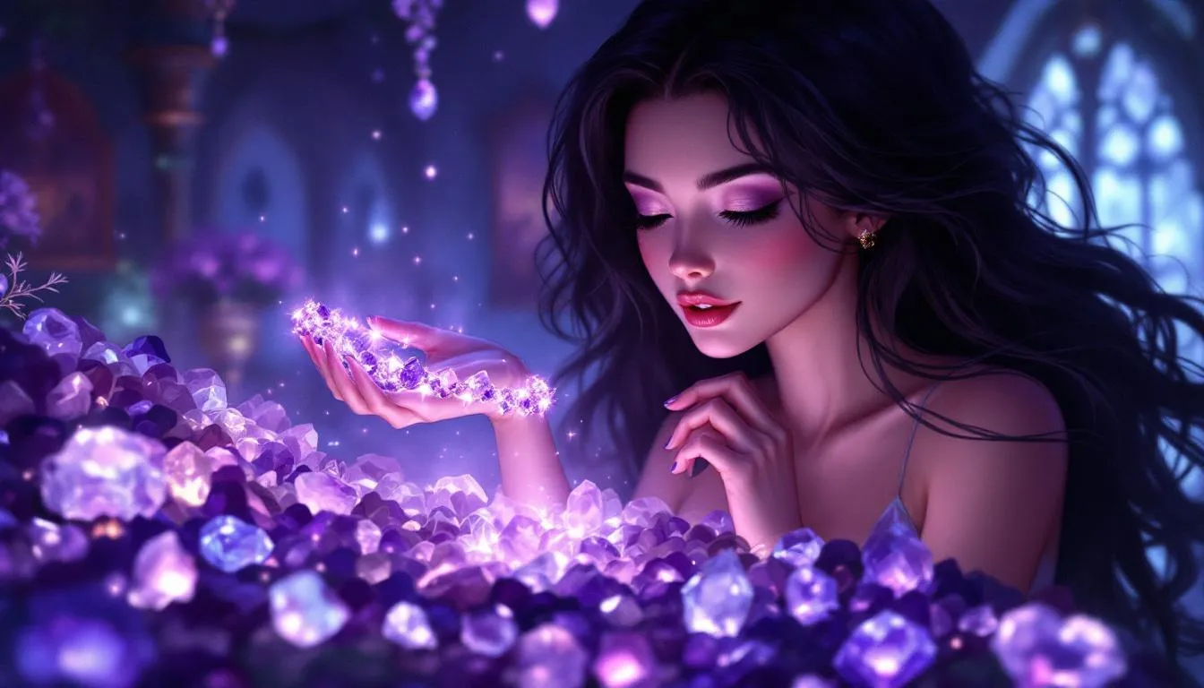 A person selecting an amethyst bracelet from a collection.